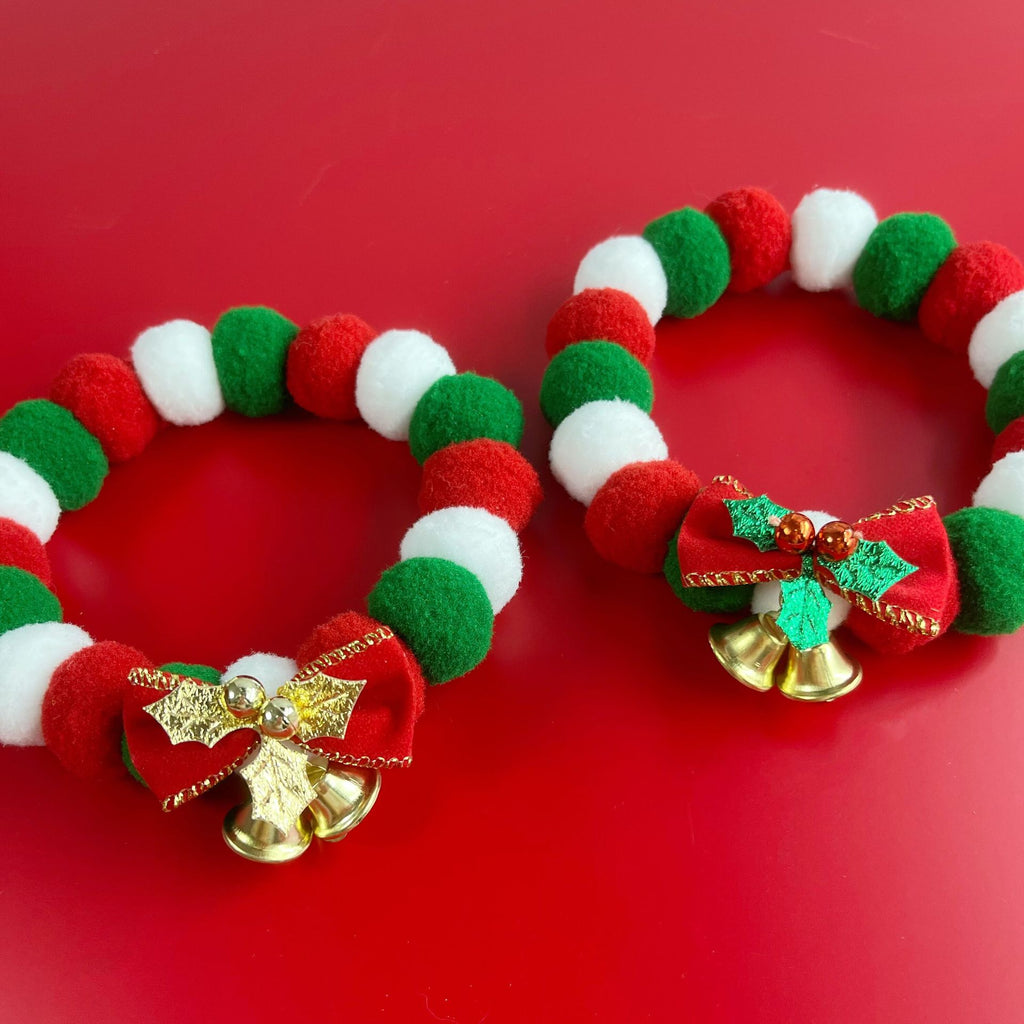 Christmas Cute Dog Cat Plush Ball Necklace Soft Elasticity Collar Pet Neck Accessories Dog Christmas Collar with Bow