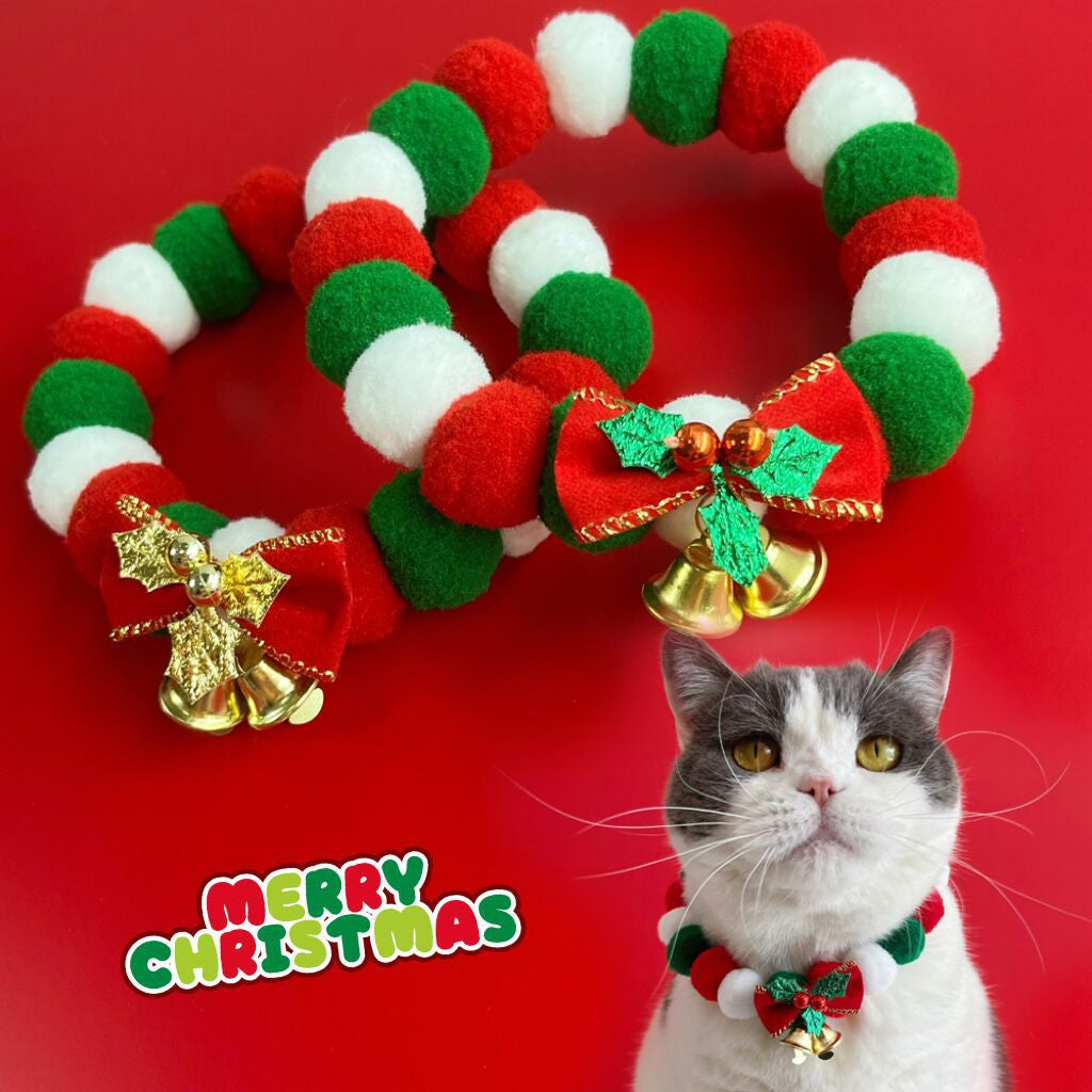 Christmas Cute Dog Cat Plush Ball Necklace Soft Elasticity Collar Pet Neck Accessories Dog Christmas Collar with Bow