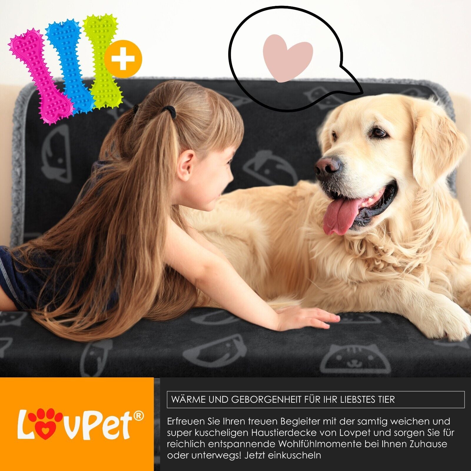LOVPET® Hunde Decke Wasserdicht Haustier Trockenbett Fleece, 3X Spielzeugknoch